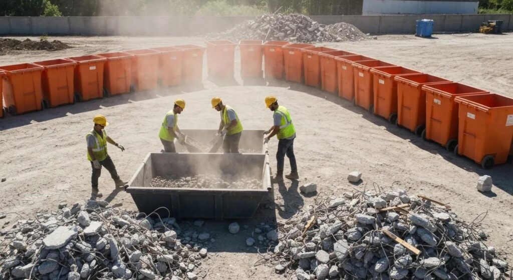 Workers sorting construction debris for recycling at a demolition site