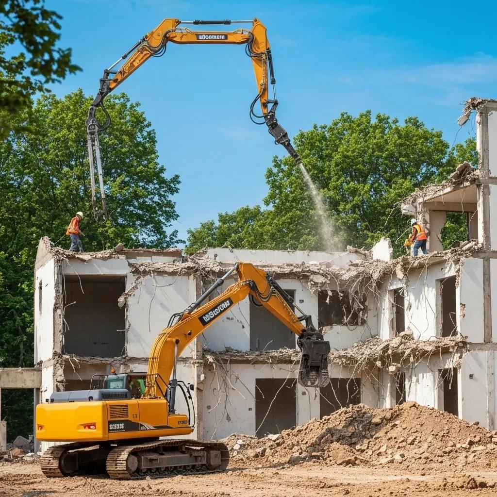 Selective demolition site with eco-friendly machinery and workers dismantling a building