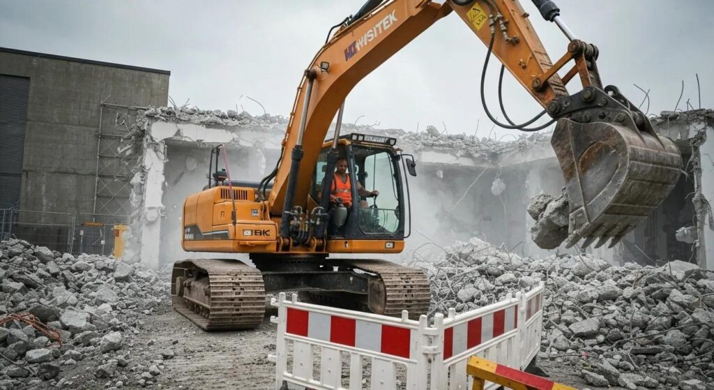 Professional demolition contractor using heavy machinery at a construction site