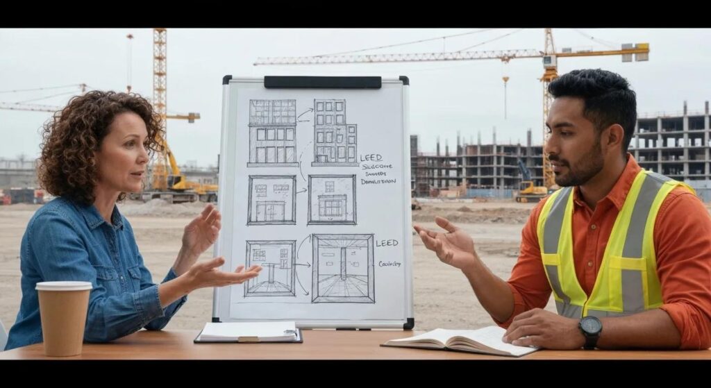 Construction team discussing LEED certification strategies for selective demolition