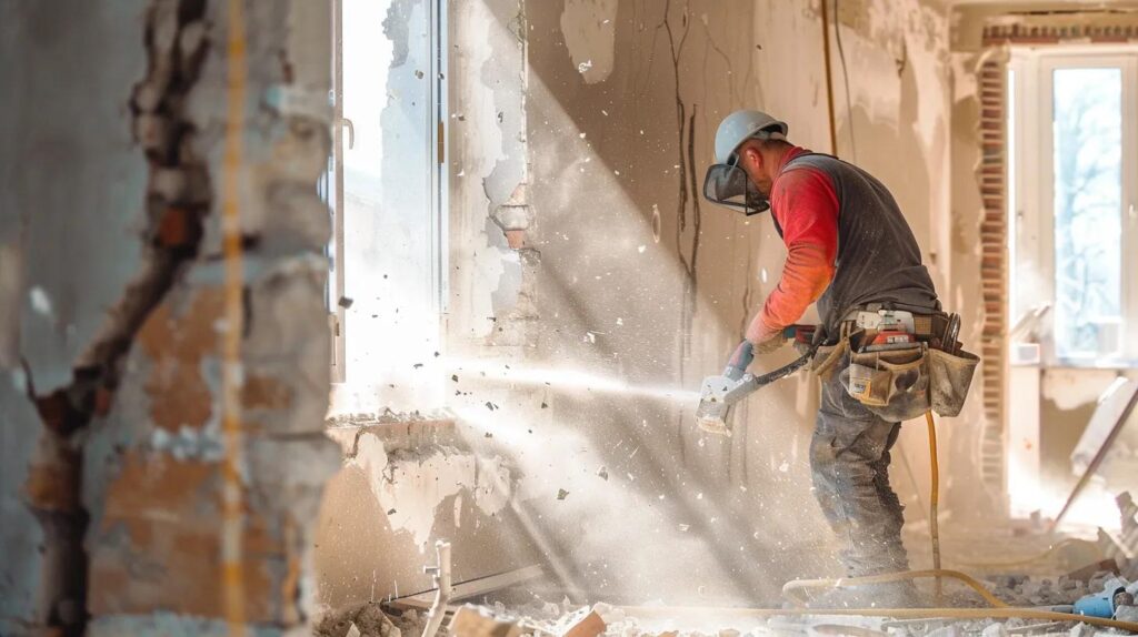 A contractor using concrete cutting tools to carefully remove part of an interior wall while leaving surrounding structures intact.