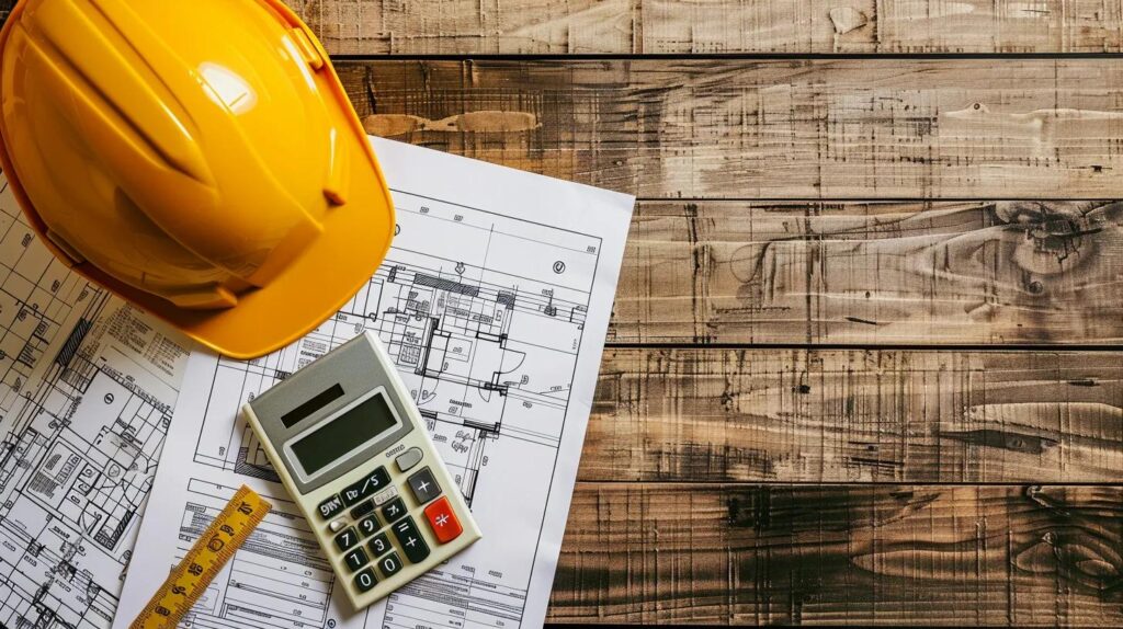 A flat lay photo of demolition estimate documents, calculator, and blueprint drawings with a yellow hard hat.