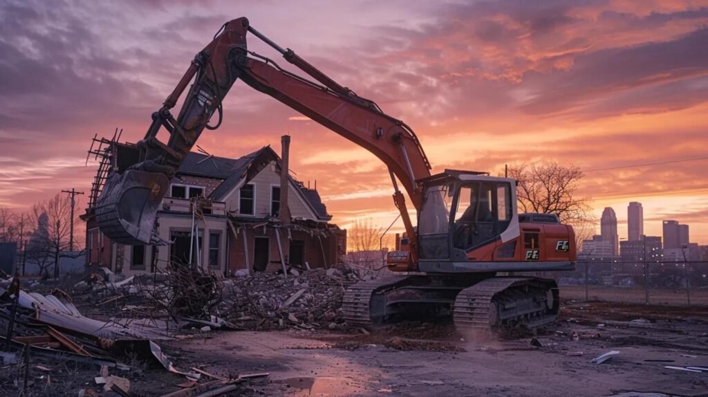 A dynamic, wide-angle shot of a construction site at dawn in Oklahoma City. A clean, powerful F5 Demolition excavator is positioned in the foreground, with a large, partially demolished residential house behind it. The excavator's hydraulic hammer is raised, poised to work. The sky is a dramatic mix of orange and purple, with the OKC skyline faintly visible in the distance. The overall image should evoke a sense of progress, professionalism, and power.
