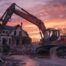 A dynamic, wide-angle shot of a construction site at dawn in Oklahoma City. A clean, powerful F5 Demolition excavator is positioned in the foreground, with a large, partially demolished residential house behind it. The excavator's hydraulic hammer is raised, poised to work. The sky is a dramatic mix of orange and purple, with the OKC skyline faintly visible in the distance. The overall image should evoke a sense of progress, professionalism, and power.