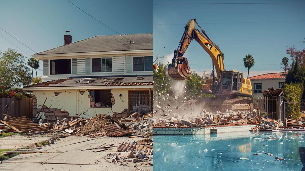 A split-screen image. On one side, a residential home is being demolished with a small, precise excavator. On the other side, a large, in-ground pool is being broken up by a powerful jackhammer attached to a machine.