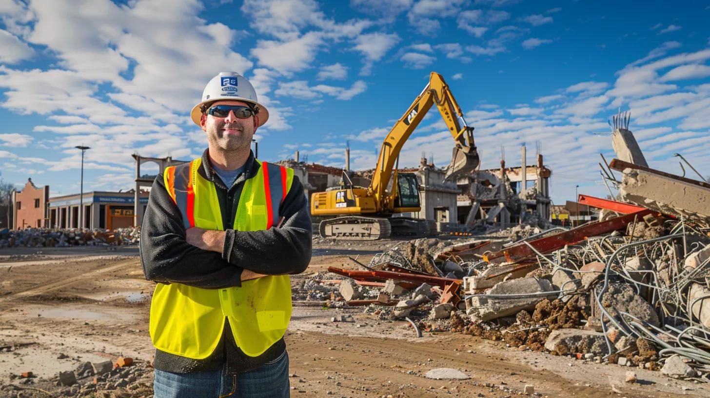 A dynamic, wide-angle shot of a construction site. In the foreground, a professional-looking F5 Demolition team member in a hard hat and safety vest stands confidently, arms crossed, with a partially demolished building in the background. A bright yellow excavator is visible, with a blue sky and white clouds overhead. The image should convey professionalism, power, and safety.