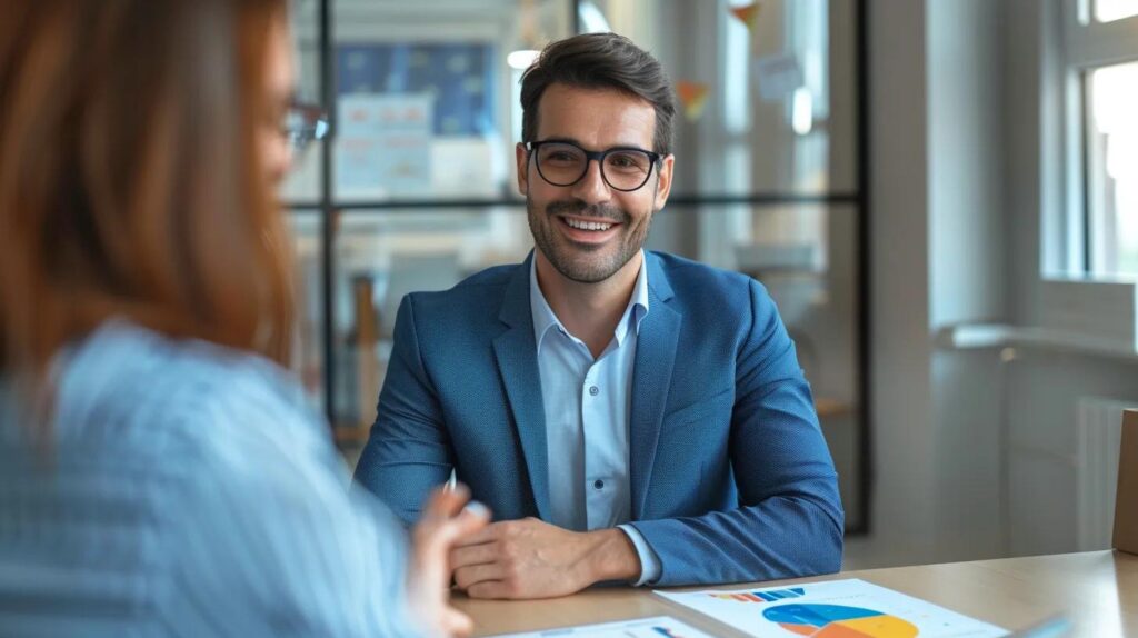 A professional headshot of a contractor, clean-cut, and smiling, sitting at a desk and explaining a complex graph with a client. The graph shows a house with different colored sections, representing different cost factors like size, materials, and debris. The setting should be a clean, modern office, conveying trust and transparency.