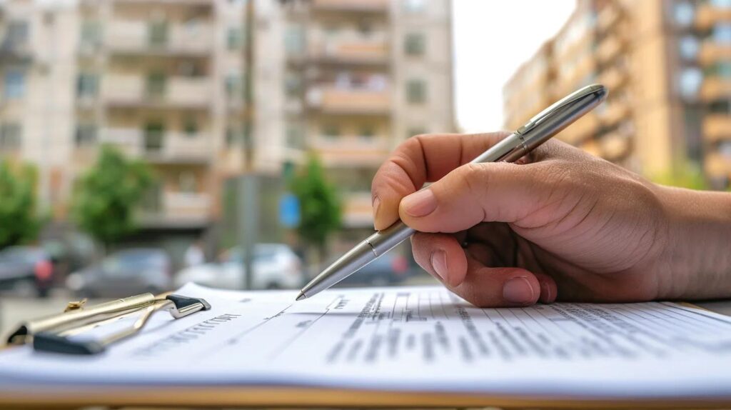 A close-up shot of a hand filling out paperwork on a clipboard with a pen. In the background, out of focus, a city permit office building is visible. The image should be clean and crisp, with a focus on the paperwork to signify the importance of official documentation.
