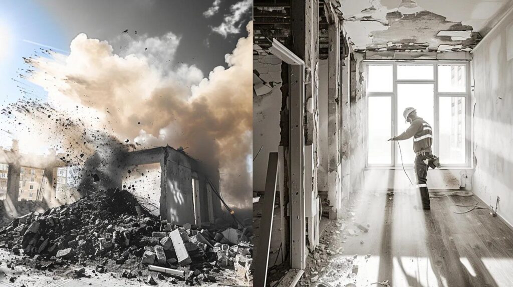 A split image. The left side shows a traditional, large-scale demolition with a cloud of dust and a wrecking ball in the air. The right side shows a precise, interior demolition scene with a worker carefully removing a section of a wall with specialized hand tools, with the rest of the room perfectly intact. The contrast should be stark, highlighting the difference in methods.