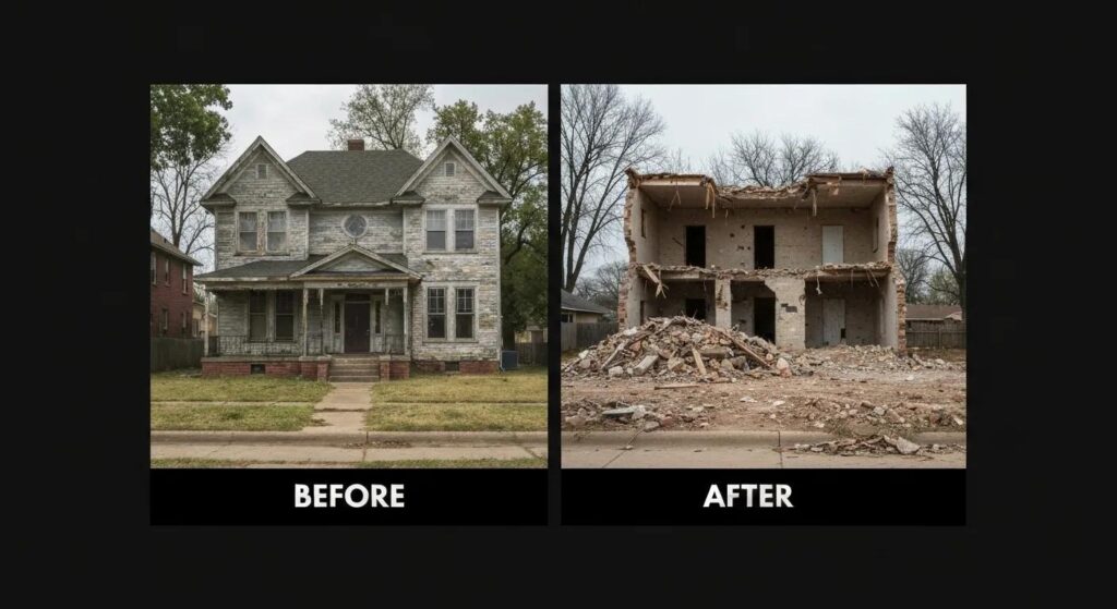 Side-by-side comparison of a house before and after demolition in Oklahoma City