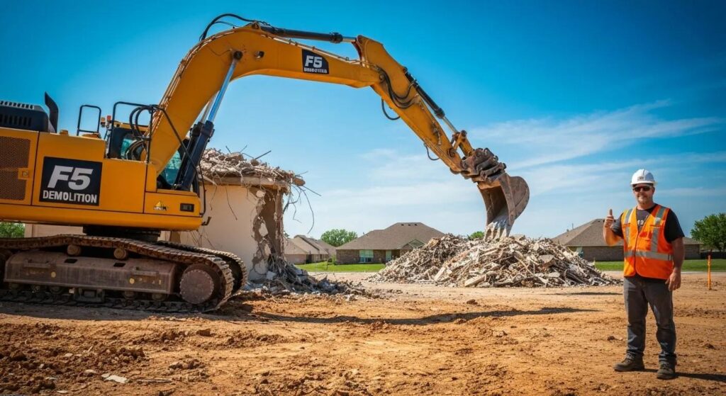 A dynamic, wide-angle shot of a highly controlled, professional demolition site in a sunny Oklahoma City suburban setting. The central focus is a large, yellow excavator with the company logo (F5 Demolition) prominently visible, carefully tearing down the corner of a residential building. In the background, a neat, visible, and clearly labeled debris pile is stacked, and a worker in a bright orange safety vest and hard hat is standing by, giving a thumbs-up. The tone should be one of power, precision, and safety.
