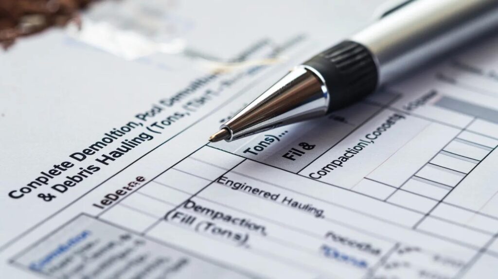 A close-up, high-angle shot of a professional-looking cost spreadsheet or invoice with bold text highlighting key line items: "Complete Pool Demolition," "Debris Hauling (Tons)," and "Engineered Fill & Compaction." Focus on transparency and detail, with a light graphic background.