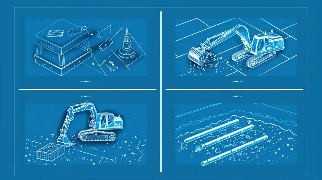 A four-panel, process-flow graphic illustration. Panel 1: A small illustration of a hand signing a permit (Planning). Panel 2: A disconnected pipe and cut electric wire (Utilities). Panel 3: A large hydraulic breaker hitting concrete (Demolition). Panel 4: A heavy roller machine compacting layers of soil in a hole (Compaction). Clean, blueprint-style lines.