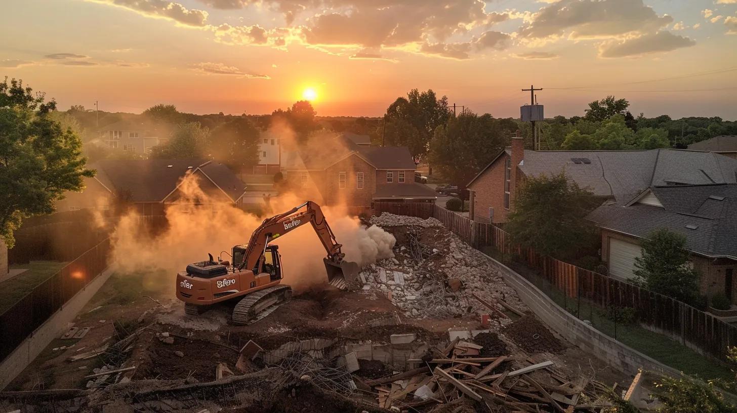A dynamic, wide-angle shot of a backyard in an affluent Oklahoma City neighborhood at sunset. On the right side, the remnants of a cracked, empty in-ground concrete pool are visible. On the left side, an F5 Demolition excavator (with a visible logo) is actively engaged in compacting layers of fresh, clean fill dirt, with a dust cloud minimized by a water spray. The contrast should show the "before" (broken pool) and "after" (reclaimed land). The overall tone is professional, transformative, and hopeful.