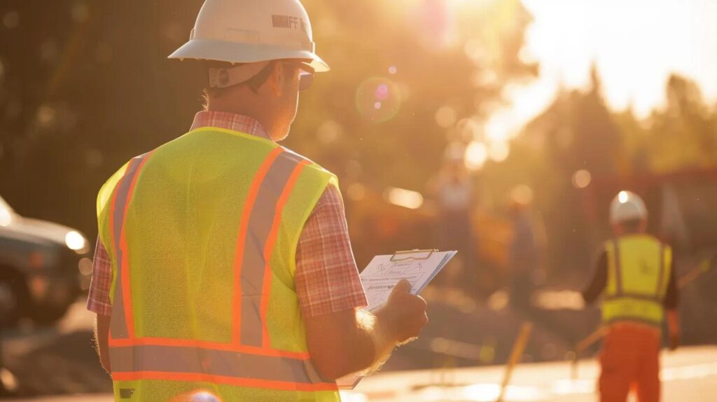 A stylized, professional photo of a construction manager (wearing a hard hat and high-vis vest with the F5 logo) standing on a worksite with a clipboard in hand, carefully reviewing a set of utility plans or a blueprint. In the blurred background, a utility worker is clearly marking lines on the ground with spray paint. The image should convey planning, legality, and safety.