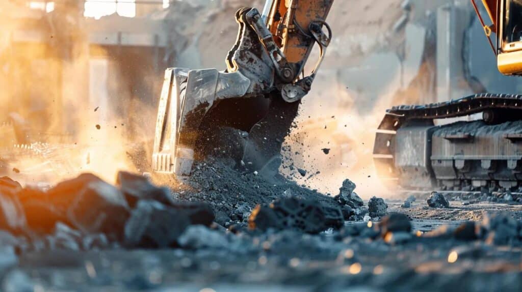 A close-up, dynamic shot of a large excavator or hydraulic breaker performing precise, controlled concrete demolition on a thick, reinforced slab. The focus is on the power and control of the machinery, emphasizing the contrast between the force required for demolition and the professional execution.