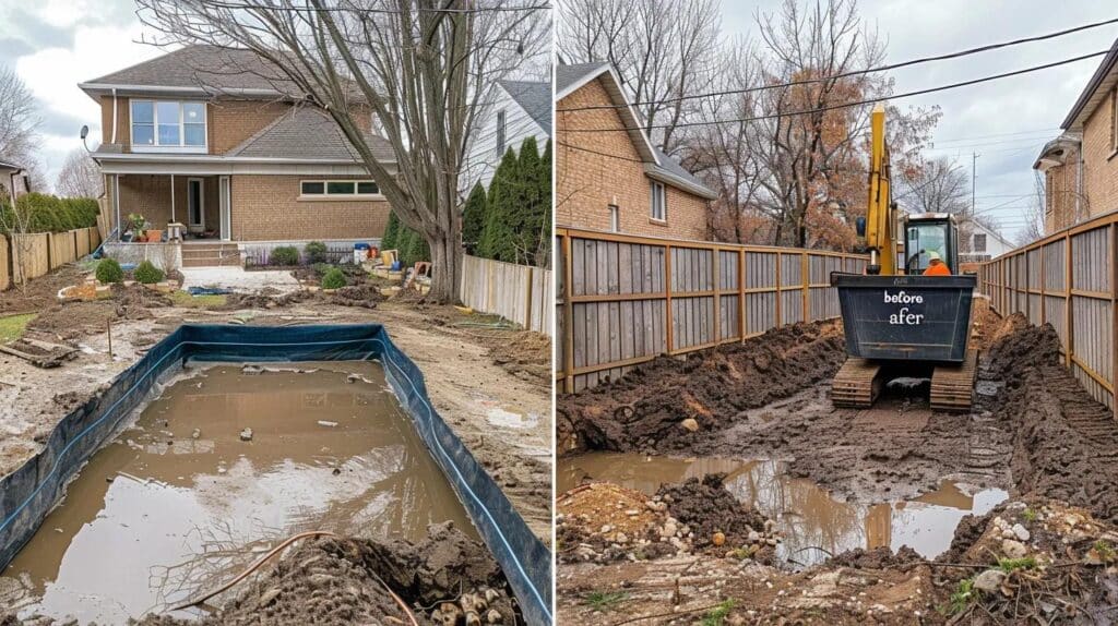 : A split image showing the "before" and "after" of a backyard. On the left, an old, cracked inground pool filled with dirty water. On the right, the same area is now a smooth, graded, and level patch of earth, ready for landscaping, with a large, clean dumpster visible in the background being efficiently loaded.