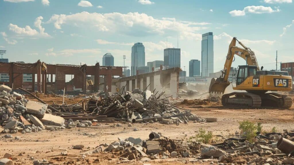 A wide, cinematic shot of a clean, prepared demolition site in Oklahoma City. In the background, a modern skyline is visible, perhaps partially obscured by dust. In the foreground, a large, well-maintained yellow excavator with the black F5 Demolition logo clearly visible is sitting next to a pile of sorted, recyclable concrete and rebar. The scene should convey professionalism, heavy-duty capability, and a clear transition from old structure to new opportunity. Style: High contrast, industrial photography, blue skies.