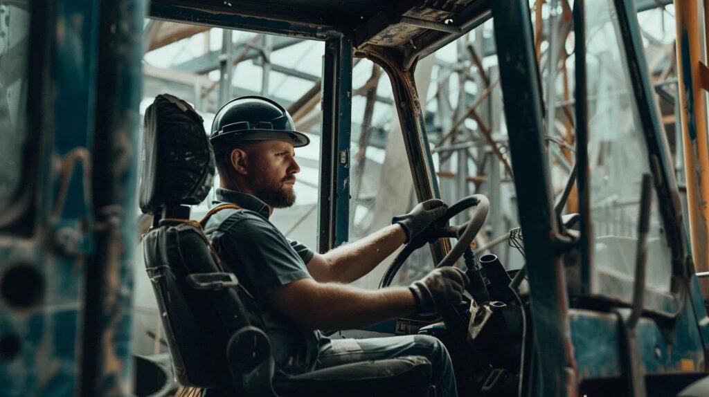 A photo focusing on safety and precision. A skilled operator inside the cab of a compact excavator (suitable for selective work), wearing a hard hat, carefully operating the controls to remove a specific interior concrete beam or wall, surrounded by temporary structural supports in a commercial renovation site.