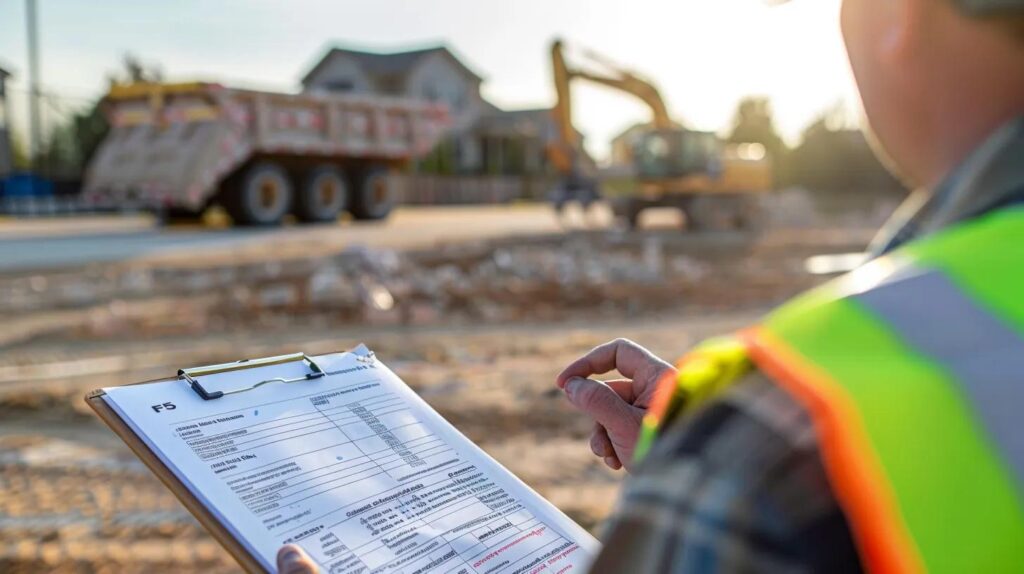 A clean, modern photo of a clipboard with a detailed financial estimate sheet being held by a project manager wearing an F5 Demolition safety vest, pointing to a line item. In the background, subtly blurred, is a haul truck leaving a residential site in Oklahoma. The lighting should be clear and business-like.