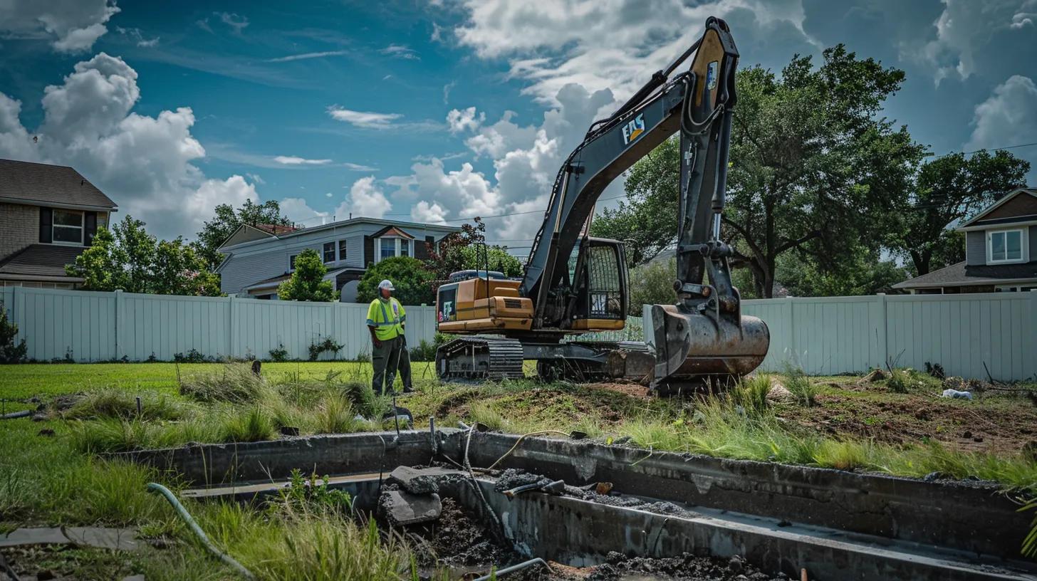 A high-contrast, dynamic photo of a residential backyard in Oklahoma City. In the foreground, a professional-looking F5 Demolition crew member is standing next to a large, tracked excavator with a hydraulic hammer attachment, poised to begin breaking up a concrete swimming pool deck. The shot should be taken at eye level, capturing the contrast between the green grass/residential homes and the powerful yellow machinery. Include the F5 Demolition logo clearly visible on the excavator arm or hard hat. The mood is professional and action-oriented.