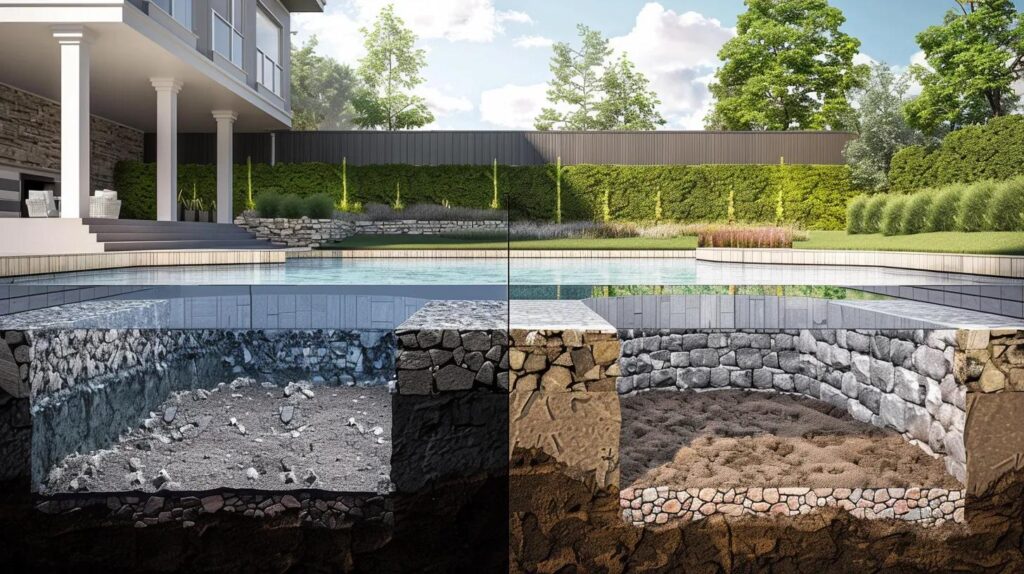 A professional, clean graphic comparing two halves of a cross-section drawing of an in-ground pool. The left half shows Full Demolition with clear, engineered backfill layers. The right half shows Partial Fill-In with the remaining pool shell intact and a small void or drainage issue beginning to form above it.