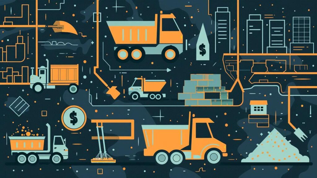 A detailed, modern flat-design graphic showing a breakdown of costs using icons: a dollar sign for permits, a dump truck for debris haul-away, and a shovel for labor/compaction. The background should subtly feature a map outline of Oklahoma City or the state of Oklahoma.