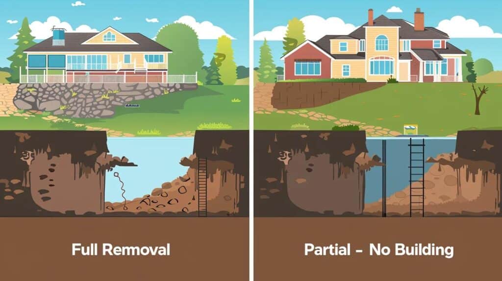 A clean, informative infographic-style illustration. Two columns titled "Full Removal" and "Partial Fill-In." The Full Removal column shows an illustration of a hole being filled completely and a house being built on top. The Partial Fill-In column shows the bottom portion of the pool shell left in the ground, with a "No Building" sign overlaid, clearly illustrating the long-term difference.