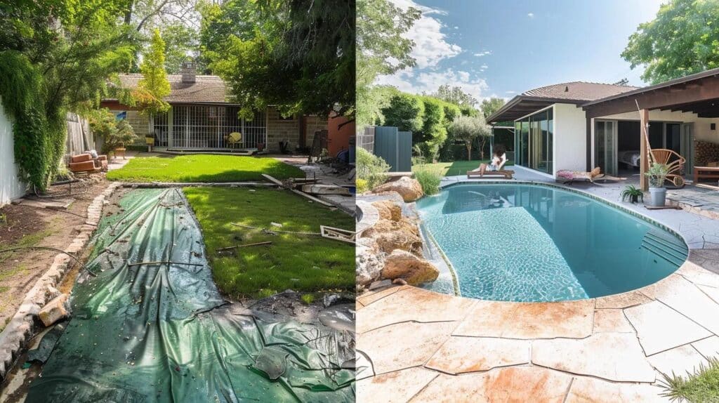 A split image: on one side, a photo of a green, cracked, and obviously neglected in-ground swimming pool covered with a worn tarp. On the other side, an artistic rendering of a beautiful, new, usable backyard space (patio, lawn, or garden) with a happy family enjoying it. The contrast should clearly highlight the 'before and after' motivation.