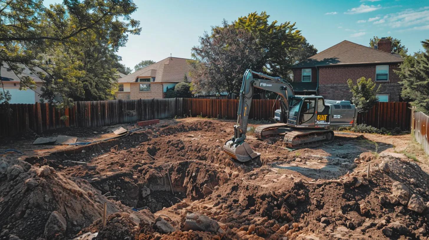 A professional, cinematic wide shot of a neatly executed pool removal site in a sunny Oklahoma City backyard. In the foreground, the hole where the pool used to be is perfectly filled, compacted, and leveled with clean topsoil. In the middle ground, a clean, modern excavator with the F5 Demolition logo is actively compacting the final layer of fill. The image should convey precision, completion, and the reclamation of space, with an Oklahoma-style residential home visible in the background. High-contrast, vibrant, and professional photography style.