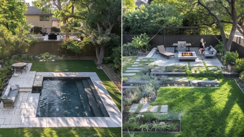 A before-and-after type image or collage. One side is a faded, empty pool hole. The other side is a beautifully transformed, green lawn with a newly installed flagstone patio and a fire pit, with a family or couple enjoying the new, reclaimed space. The aesthetic should be aspirational and focused on outdoor living.