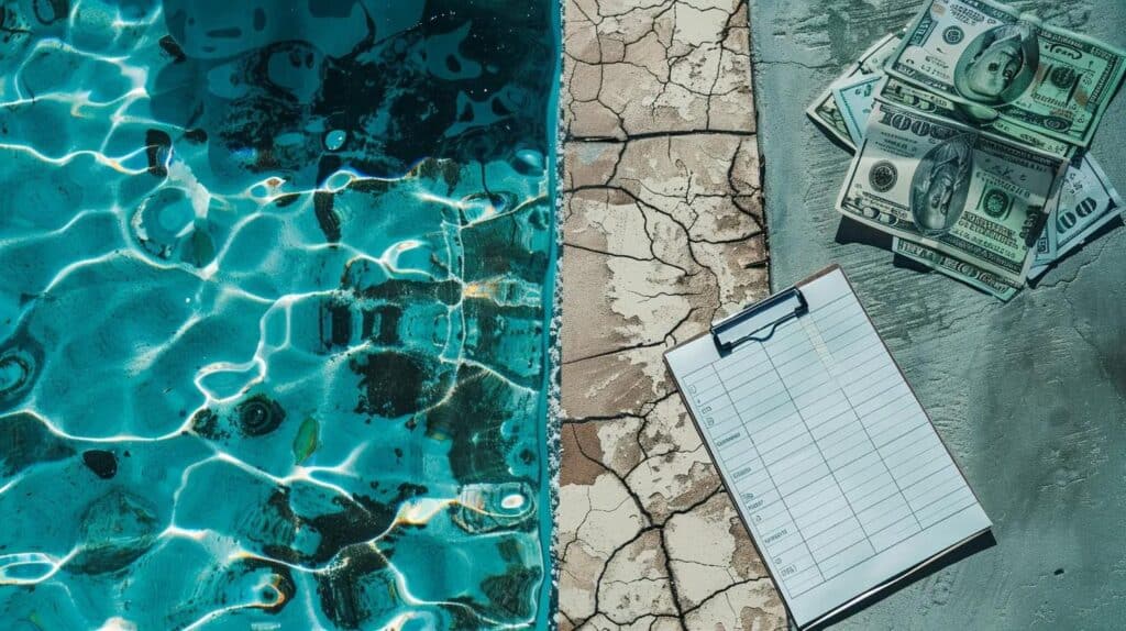 A split image graphic. One side shows a dark, cracked, unmaintained swimming pool. The other side shows a stack of US currency and a clipboard with a transparent, itemized cost estimate. Use a clean, infographic style to represent the complexity and financial nature of the decision.