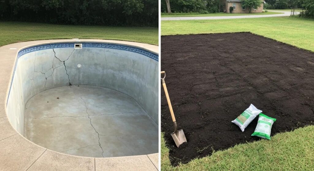 A two-part image showing the stark difference between an unused pool and the reclaimed space. The left side shows a faded, empty in-ground concrete pool with cracks. The right side shows the same area after pool removal oklahoma city: a freshly graded, level patch of dark, compacted earth ready for a new lawn or garden, with a small shovel and bag of grass seed.