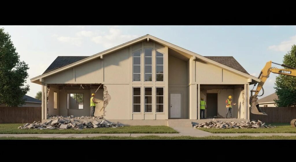 a rendering of a typical 1970s or 1980s Oklahoma suburban house being safely demolished.