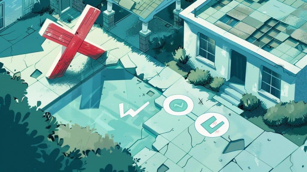 A clean, modern infographic-style image. A large, stylized dollar sign with a red 'X' over it, next to a crumbling concrete pool deck. Below it, include three small, clean icons: one showing a crossed-out pool, one showing a checkmark over an open lawn space, and one showing a small, simplified home with an arrow pointing away from it (for reduced liability). Clean, illustrative, and conceptual.