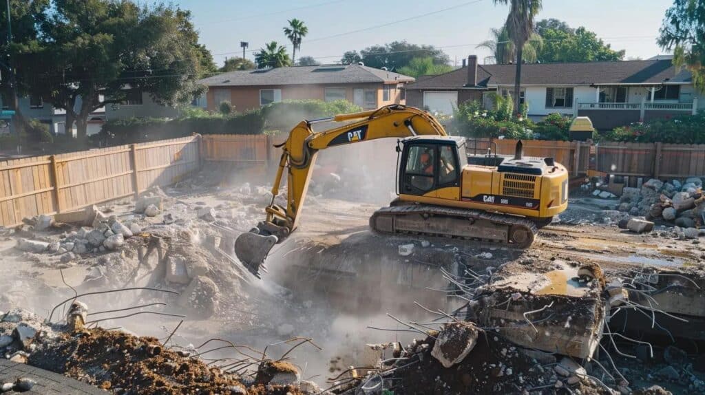 A dynamic action shot of the demolition process. A large, yellow excavator with a hydraulic breaker attachment is actively breaking up a section of a concrete pool shell. The image should be taken from a slightly elevated angle, showing the operator in his cab wearing safety gear, and a marked safety zone around the work area. The surrounding residential area should be visible but blurred, emphasizing the controlled nature of the demolition. Focus on professional equipment and safe operation.