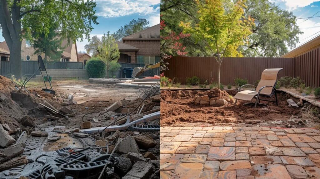 A dramatic, high-contrast photograph that encapsulates the before and after of a backyard transformation. On the left side, show the remnants of a cracked, unused, and drained swimming pool (concrete or gunite). On the right side, seamlessly transitioning from the demolition debris, show a clean, newly compacted area of fill dirt that is partially graded, with a single, small, decorative tree or shrub planted, and a modern patio chair resting on the new soil. Include a piece of heavy machinery (excavator with a bucket or breaker attachment) visible in the background. Focus on natural, sunlit Oklahoma backyard setting.