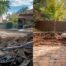 A dramatic, high-contrast photograph that encapsulates the before and after of a backyard transformation. On the left side, show the remnants of a cracked, unused, and drained swimming pool (concrete or gunite). On the right side, seamlessly transitioning from the demolition debris, show a clean, newly compacted area of fill dirt that is partially graded, with a single, small, decorative tree or shrub planted, and a modern patio chair resting on the new soil. Include a piece of heavy machinery (excavator with a bucket or breaker attachment) visible in the background. Focus on natural, sunlit Oklahoma backyard setting.