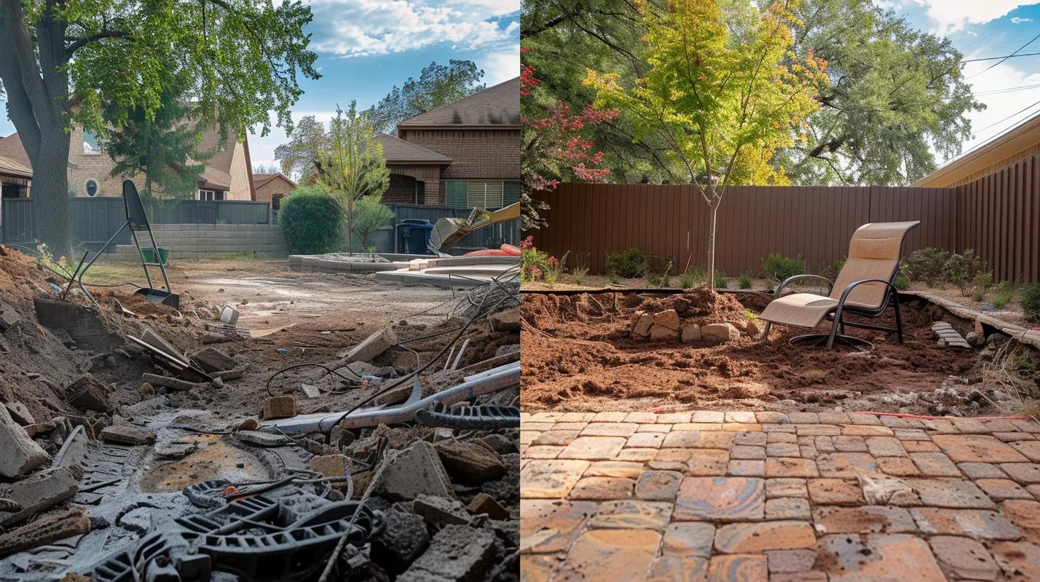 A dramatic, high-contrast photograph that encapsulates the before and after of a backyard transformation. On the left side, show the remnants of a cracked, unused, and drained swimming pool (concrete or gunite). On the right side, seamlessly transitioning from the demolition debris, show a clean, newly compacted area of fill dirt that is partially graded, with a single, small, decorative tree or shrub planted, and a modern patio chair resting on the new soil. Include a piece of heavy machinery (excavator with a bucket or breaker attachment) visible in the background. Focus on natural, sunlit Oklahoma backyard setting.