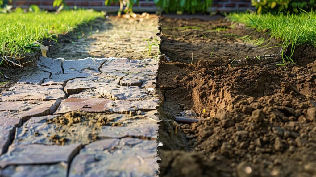 A visual comparison image divided into two distinct columns. The left column shows a pool basin with a jagged, broken top edge and loose dirt filling. The right column shows a perfectly filled and compacted earth area ready for sod. Focus on the visual difference between the two methods.