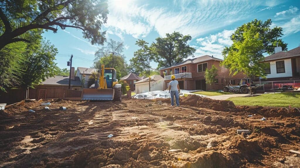 Wide-angle shot of a newly cleared, level backyard in a modern residential neighborhood. In the background, a small bulldozer/excavator (clean, yellow equipment) is applying the final grade. The foreground shows a homeowner shaking hands with a professional-looking, hard-hat wearing contractor (representing F5 Demolition). Bright Oklahoma sun, focus on transformation.