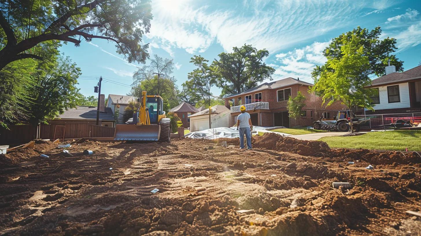 Wide-angle shot of a newly cleared, level backyard in a modern residential neighborhood. In the background, a small bulldozer/excavator (clean, yellow equipment) is applying the final grade. The foreground shows a homeowner shaking hands with a professional-looking, hard-hat wearing contractor (representing F5 Demolition). Bright Oklahoma sun, focus on transformation.