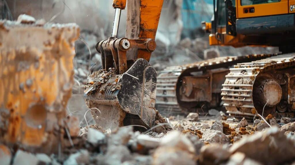 Close-up shot of a large hydraulic breaker attachment on an excavator, expertly cracking reinforced concrete from an in-ground pool shell. Focus on the raw power and the thickness of the concrete pool demolition oklahoma city. The background should be slightly blurred to focus on the action.