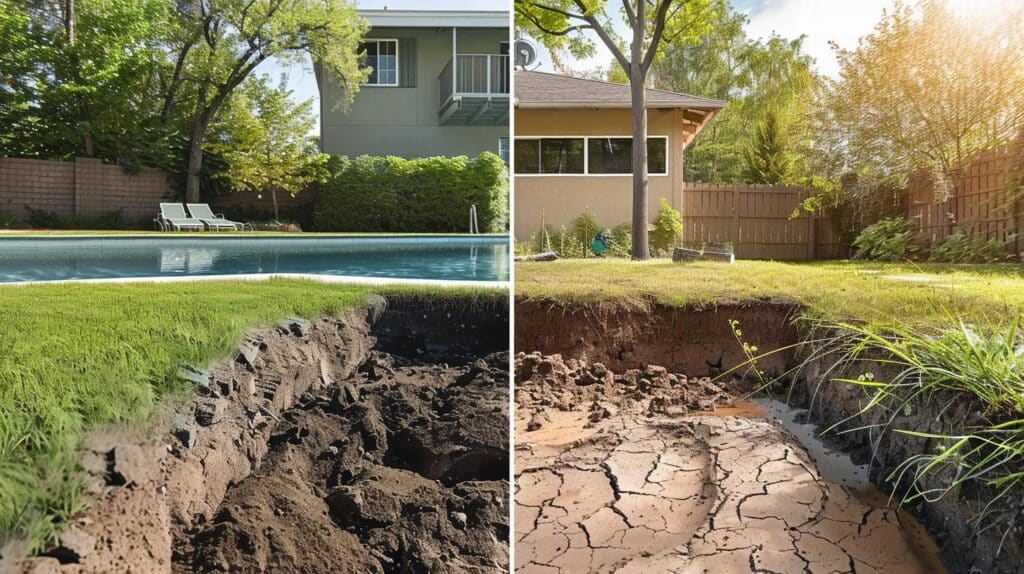 A split image showing two scenes: LEFT (Partial Fill): A depression or slight settling in a yard where a pool used to be, with poor-quality grass. RIGHT (Full Removal): A perfectly level, newly seeded yard with proper drainage, ready for construction or landscaping. Use a clean, schematic style.