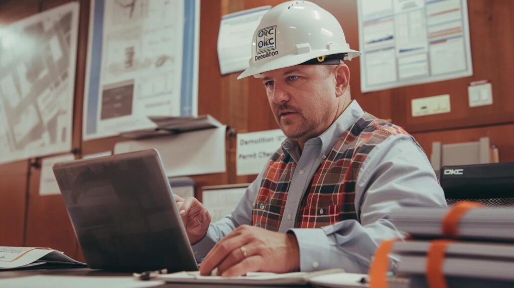 A professional, clean-cut contractor (F5 Demolition representation) sitting at a desk with a laptop, pointing to an official-looking document labeled "OKC Demolition Permit Checklist." Utility company logos (ONG, OG&E) are visible on surrounding paperwork. Focus on the planning and administrative expertise.