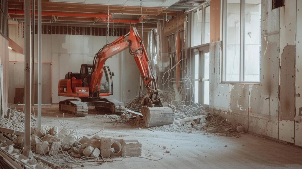 A dynamic shot inside a commercial building. A small, rubber-tracked mini-excavator with a bucket attachment is carefully removing an interior wall (steel studs/drywall) while a worker in full PPE (hard hat, high-vis) monitors the process. This highlights selective demolition services and precision.