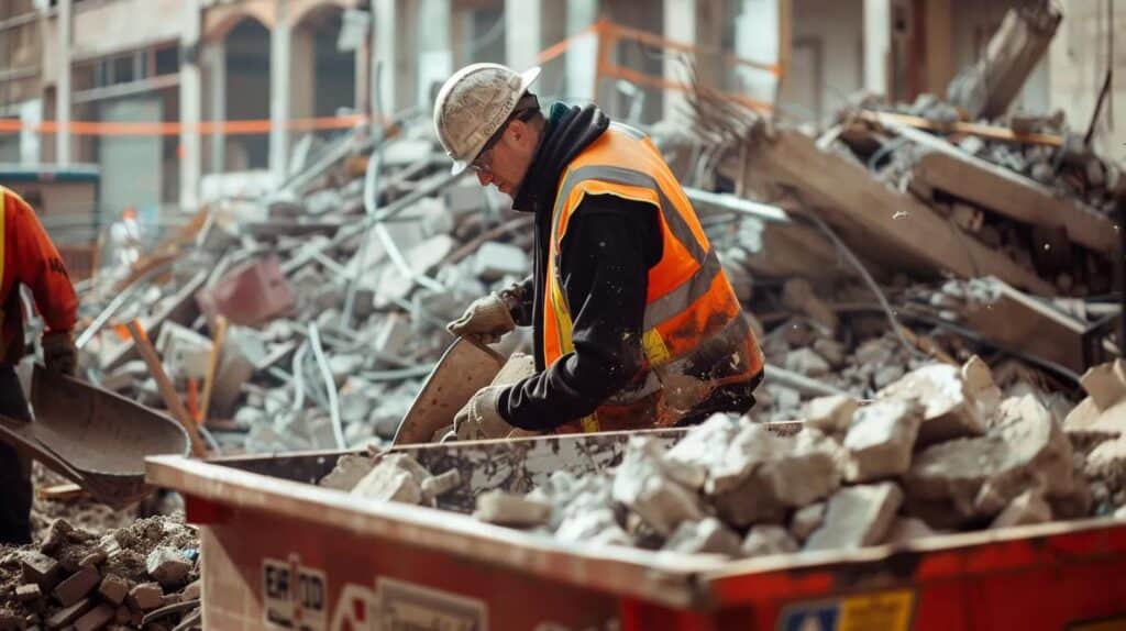 A close-up shot of two workers inside a commercial building during selective demolition. They are carefully sorting large pieces of concrete and metal into separate, clearly marked recycling bins. The background shows part of the original structure (like a preserved column or beam) still intact, highlighting precision and the commitment to material recovery/sustainability.