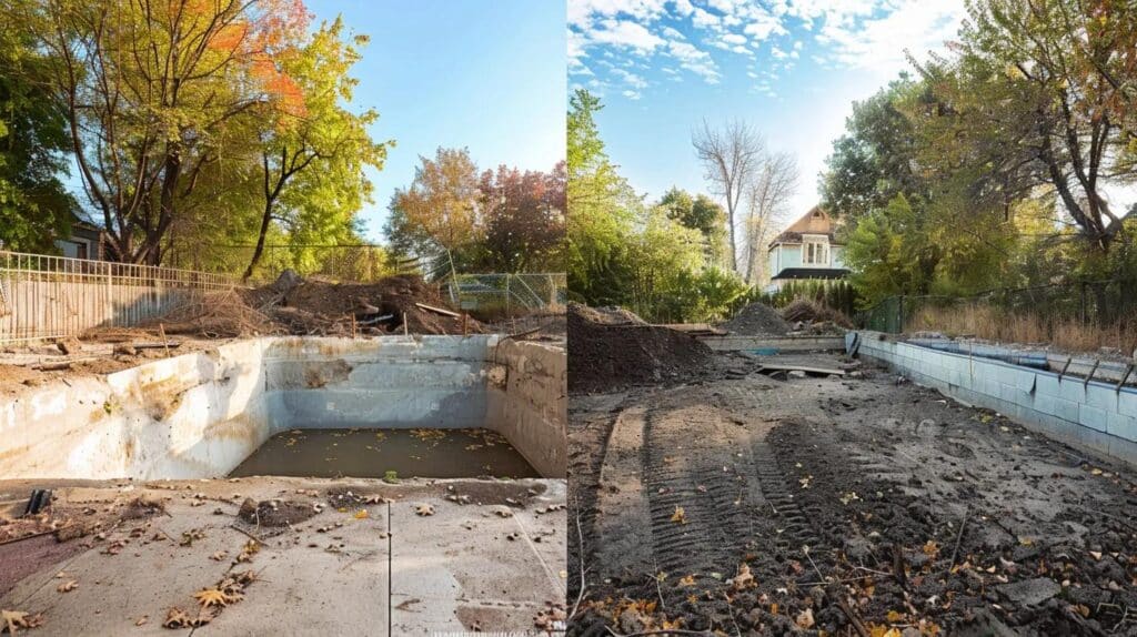 A split image concept showing an old, unkempt inground concrete pool on one side and the same area on the other side completely cleared, filled, and freshly graded with topsoil. The contrast should emphasize the clean, new space created by the pool removal.