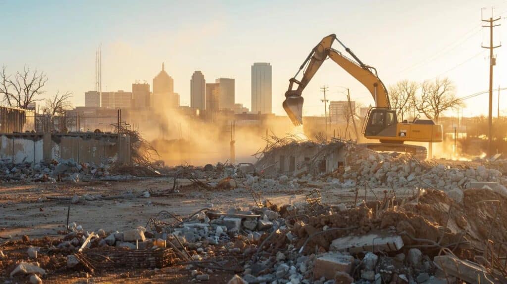 A dynamic, slightly elevated wide shot capturing a complex demolition scene in the background of a modern Oklahoma City skyline (suggesting OKC location). The foreground features heavy equipment—a bright yellow excavator or bulldozer visible—actively breaking a concrete slab or the side of a structure. The scene is clean, emphasizing professionalism and controlled chaos, with the sun setting, casting a golden glow on the dust and machinery.