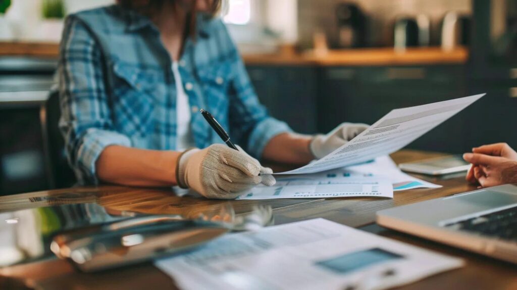 A professional-looking close-up shot of a contractor's hands (wearing work gloves) presenting a detailed, professional, multi-page estimate or proposal document to a homeowner sitting at a kitchen table.